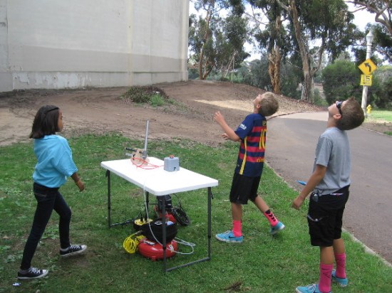 Compressed air launched rockets high into the sky, to the delight of kids!