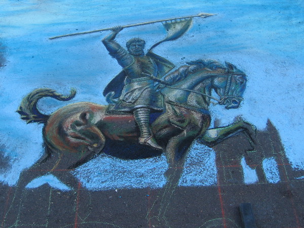 Tonie Garza. The iconic El Cid Campeador statue in the Plaza de Panama. Chalk art celebrating Balboa Park's centennial in 2015.