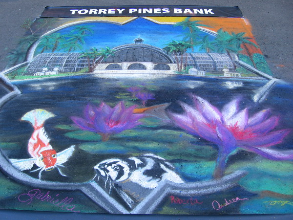 Ciao! A chalk image of lilies and koi in the reflecting pool and the Botanical Building in Balboa Park.