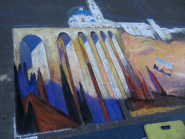 Team Arcala. Chalk interpretation of the historic Cabrillo Bridge and California Building. The artist had looked for hundred-year-old photos of the bridge under construction, without success.