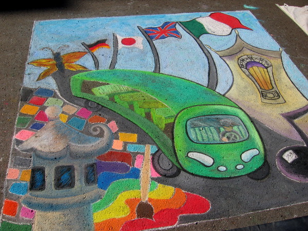 Mel Clarkston Art. It's a green people mover! I see colored tiles from Spanish Village, flags from the International Cottages, and a butterfly from the Zoro Garden!