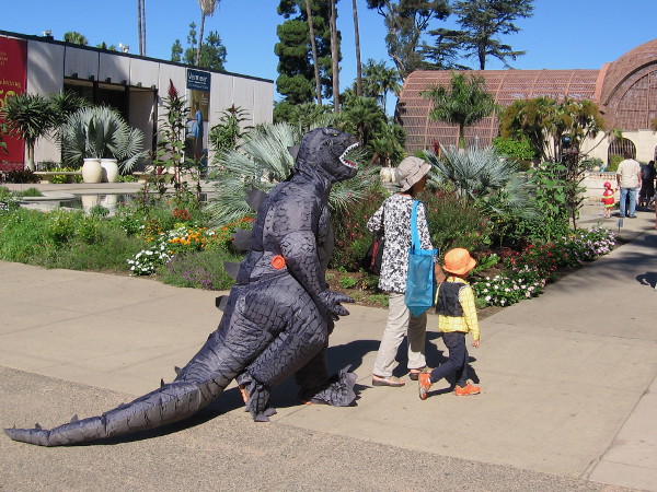 Now wait a minute. I see Godzilla strolling near the reflecting pool. Perhaps he emerged from deep waters to wreak havoc on San Diego. I hope not.