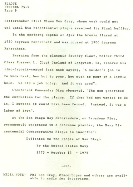 Navy Commemorative Plaque News Release. Navy Bicentennial, October 3-13, 1975. Page 9.