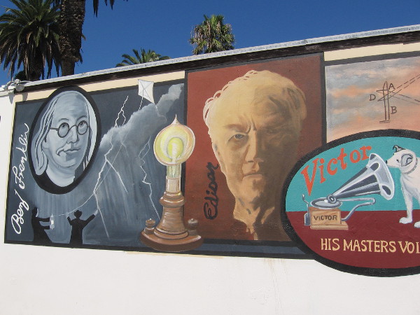 Benjamin Franklin with his famous kite, and Thomas Edison, inventor of the light bulb and phonograph, are depicted on very unique mural in Ocean Beach.