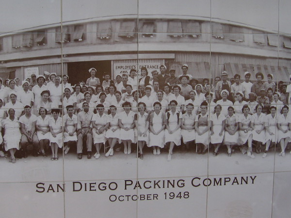 Close-up photo of one panel in a tile mural, which is located on a long wall near the Cesar Chavez Park playground in Barrio Logan.
