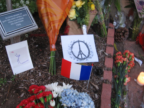 French flag and Eiffel Tower as a peace sign. A memorial for the victims of the Paris terror attack.