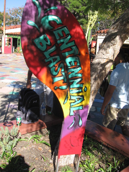 Spanish Village in Balboa Park has a new Dance through the Decades of Art exhibit in their patio courtyard. It celebrates the evolution of art over the last hundred years. This bold piece represents the graffiti art style!