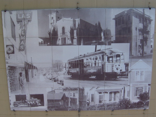 Logan Heights landmarks include the street car at 5 cents per ride, Jack’s Island a triangle house, the beautiful earlier architecture of Our Lady of Guadalupe Church and Las Palmas night