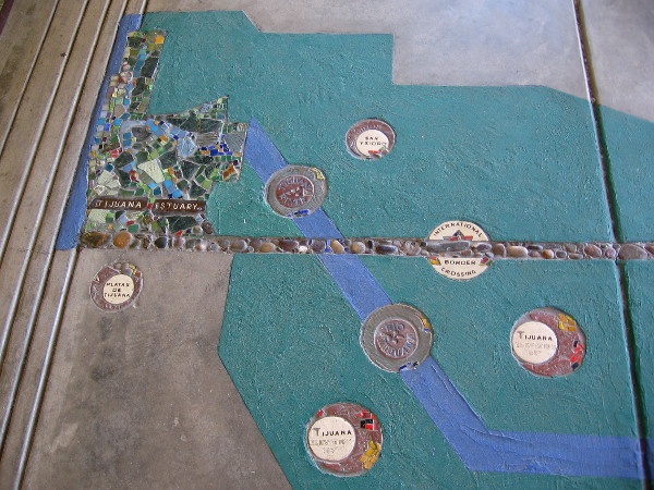 The edge of the map, inside the Visitor Center's door, shows a part of San Diego and Tijuana. As it nears the Pacific Ocean, the Tijuana River crosses into the United States.