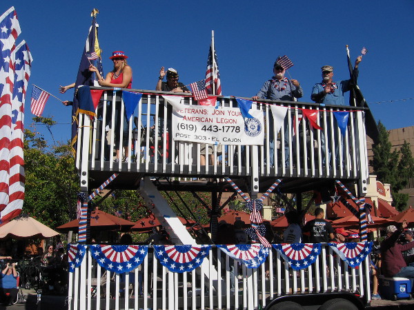 A big, patriotic American Legion float in the Mother Goose Parade.
