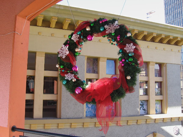 One of many beautiful wreaths hung all around the Horton Plaza shopping center in downtown San Diego.