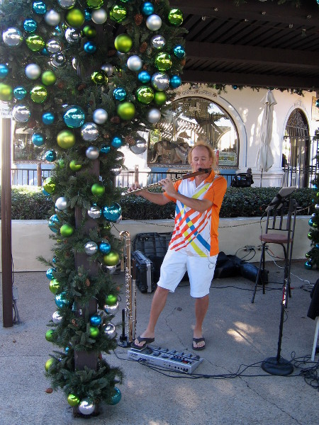 Some shiny Christmas tree ornaments and festive entertainment near the Seaport Village carousel.
