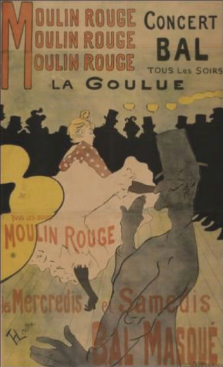 Henri de Toulouse-Lautrec's first poster, Moulin Rouge - La Goulue. Introduced into poster design a bold simplification of form, space and composition learned from Japanese woodblock prints.