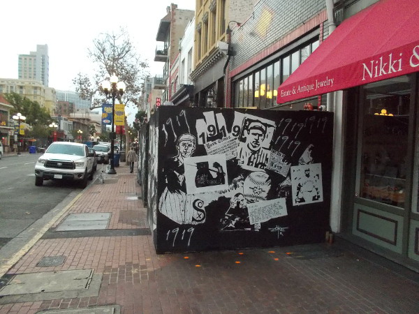 Unusual street art at a construction site on Fifth Avenue in San Diego's Gaslamp Quarter.