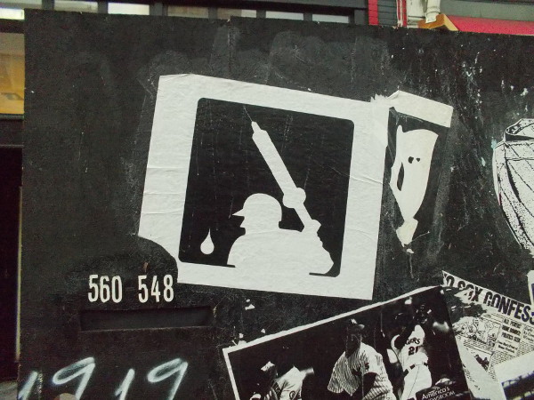 The MLB logo is transformed. A doping baseball player holds a syringe. Images also include Barry Bonds, Sammy Sosa and Roger Clemens.