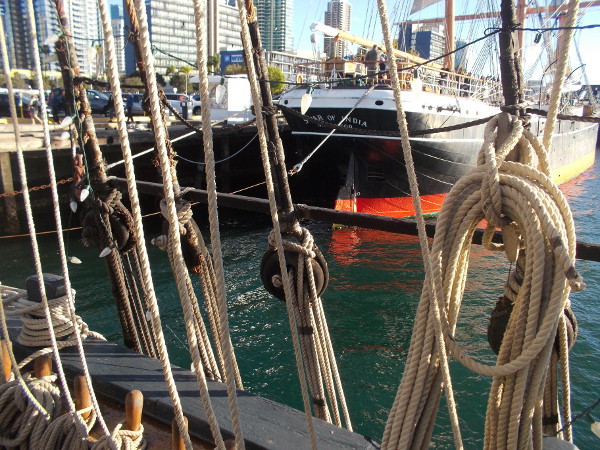 Photo through ropes of the nearby Star of India, the world's oldest active sailing ship, also part of the Maritime Museum of San Diego.