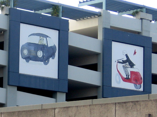 A couple of unique characters out for a drive. Fun murals decorate the sides of North Park's multi-level parking garage.