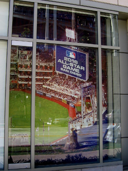 One cool window of the Omni Hotel seems to offer a view into the future, as the 2016 All-Star Game is being played in San Diego.
