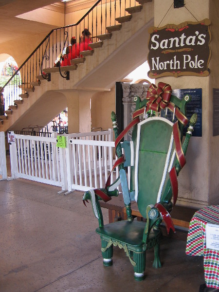 One of the Santas in Balboa Park will be stationed here in the Casa del Prado once night falls.