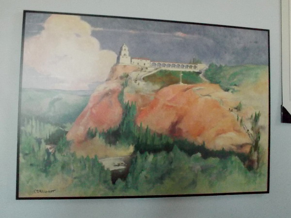 A lovely watercolor sketch of the Junipero Serra Museum atop Presidio Hill.