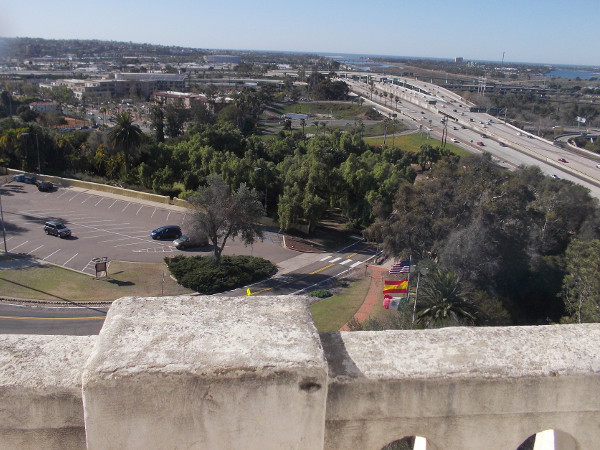 Looking west from the Serra Museum tower along Interstate 8. Point Loma is on the left and Mission Bay is to the right.