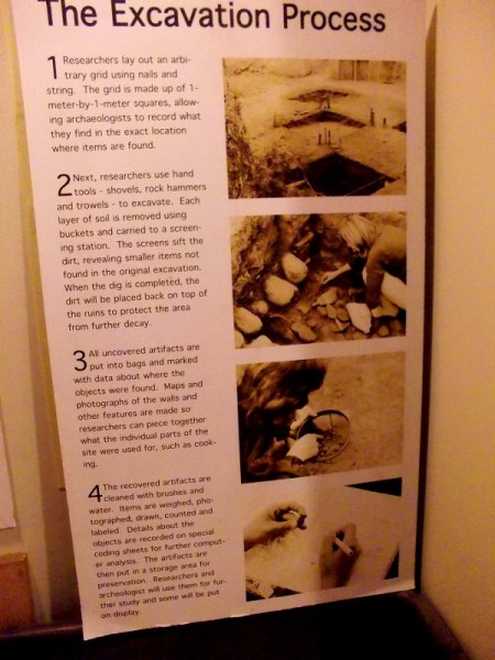 Explanation of the excavation process utilized by researchers. Some artifacts that were unearthed are on display in the museum.