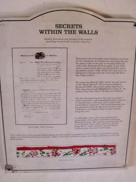 It was 1948 when a secret hiding place was discovered in one of the adobe's window wells. Within the niche were two documents relating to life of an early Old Town San Diego resident.
