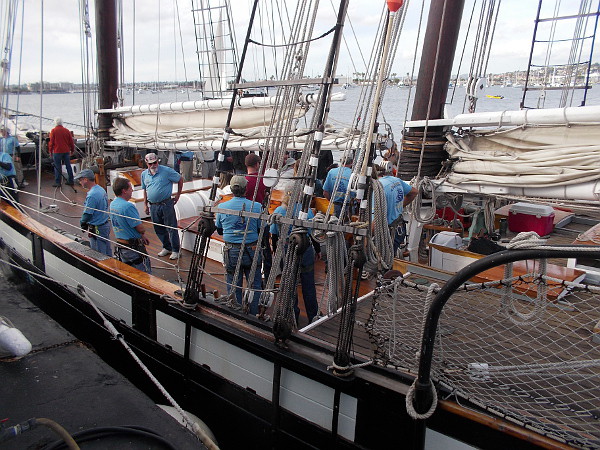 Visitors to the Maritime Museum of San Diego have boarded the tall ship Californian, to engage in a mock cannon battle with visiting tall ship Lady Washington.