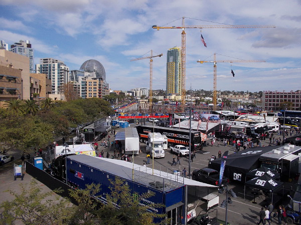 Supercross Party in the Pits is taking place in a parking lot adjacent to Petco Park.