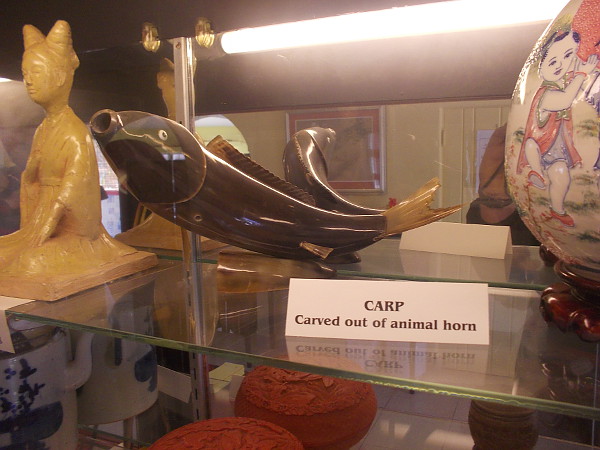 Fine exhibits inside the House of China include this interesting carp made of animal horn.