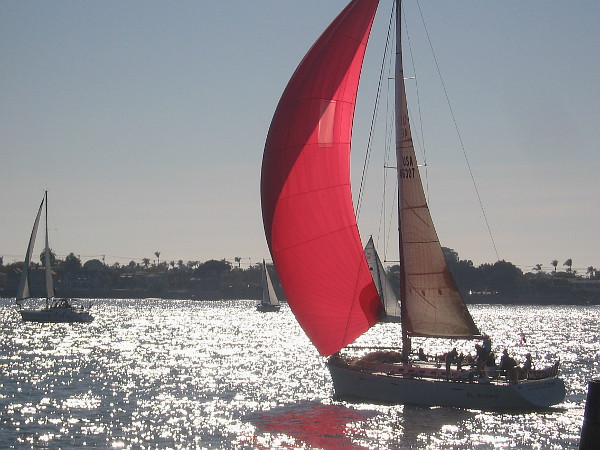 Magic before your eyes. A wind-stretched red sail on sparkling San Diego Bay.