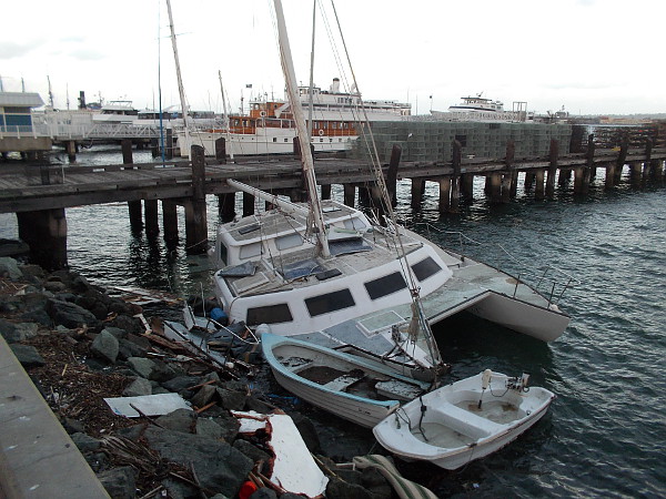 Catamaran driven into the rocks near the Grape Street pier during an El Nino storm in downtown San Diego.