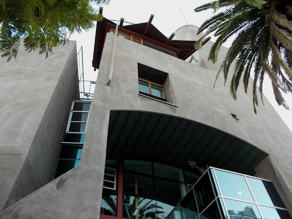 Looking upward near the front entrance to the unique Beaumont Building.