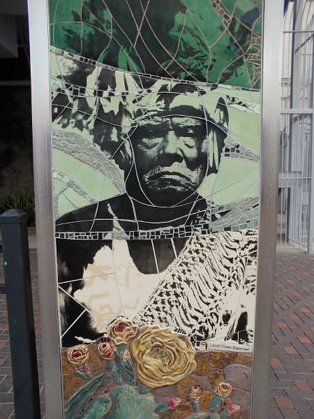 Public art in San Diego depicts Cinon Duro Mataweer, spiritual leader (kuseyaay or tribal shaman) of the Ipai (formerly northern Diegueño) Native American Indian tribe.