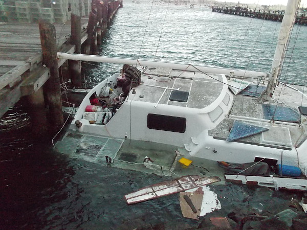 Resident of catamaran driven aground on deck of half-submerged boat. I wish her well in this difficult situation.