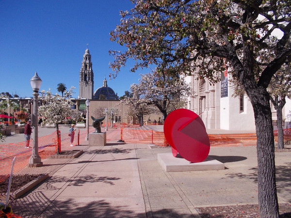 Photo across front of the San Diego Museum of Art, the north end of Balboa Park's Plaza de Panama. Outdoor art is being installed.