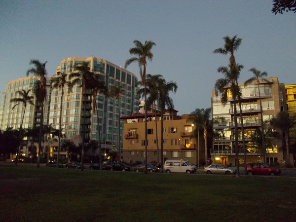 Buildings along Sixth Avenue on Bankers Hill reflect breaking day one early January morning.