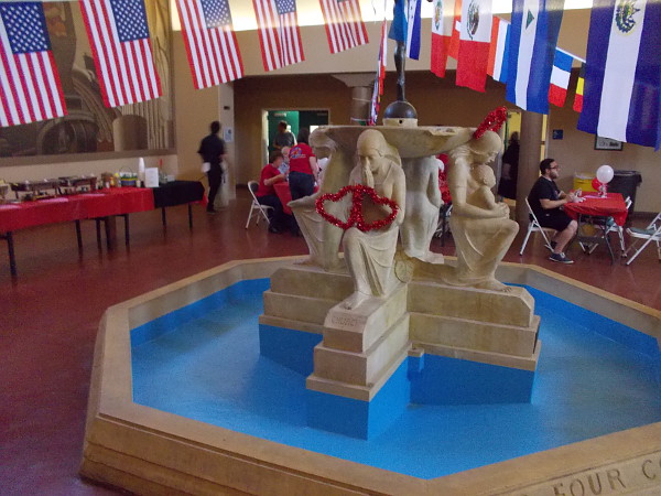 Hearts were placed on the sculpture at the center of the Balboa Park Club's indoor fountain.