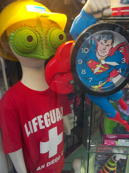 This alien lifeguard in a yellow hard hat is about to be clobbered by Superman!