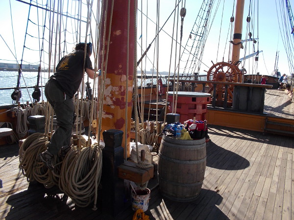 A mast of the HMS Surprise has been scraped and coated with primer. Now some paint will preserve this amazing tall ship used in the movie Master and Commander.