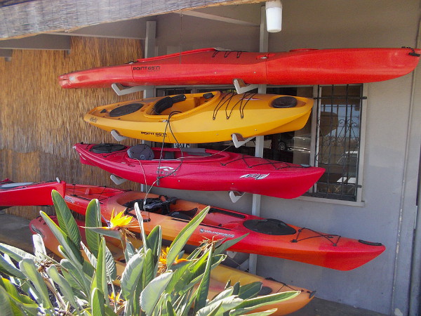 Colorful kayaks await at Aqua Adventures.