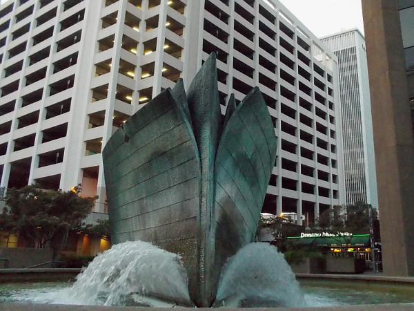 A ship's bow splashes water into downtown San Diego's Civic Center Plaza!