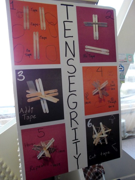 What the heck is tensegrity? A funny word created by Buckminster Fuller. You can use rubber bands to add tension to popsicle sticks and create cool stuff.