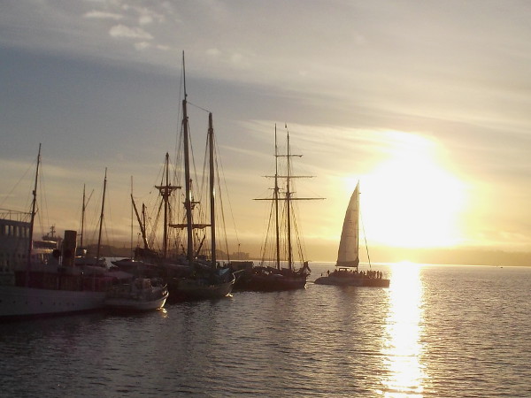 The catamaran Aolani sails behind the Maritime Museum of San Diego just before sunset.