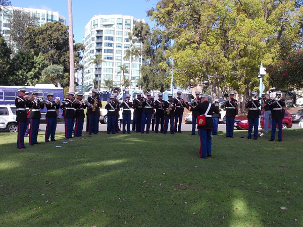 Marine Band San Diego gets ready to participate in the 2016 St. Patrick's Day Parade.