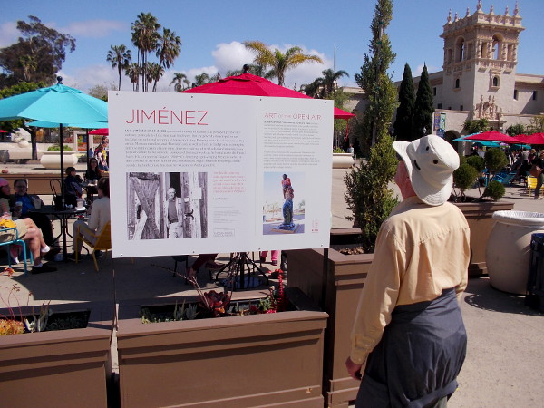 Visitor to Balboa Park reads sign describing an outdoor sculpture recently installed in the Plaza de Panama, part of the Art of the Open Air exhibit.