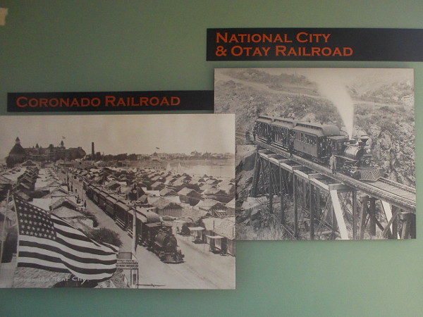 Two old photographs. On the left, the old Coronado Railroad went through Imperial Beach and up the Silver Strand to Tent City in Coronado. One can see the Hotel del Coronado!