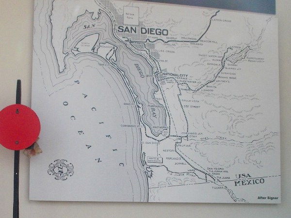 Map inside the Historic Railcar Plaza shows the various railways that once serviced San Diego, when transportation by train was very popular.