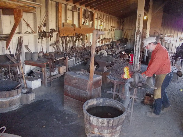A blacksmith removes red hot iron from the fire. He was demonstrating how to make hinges today.