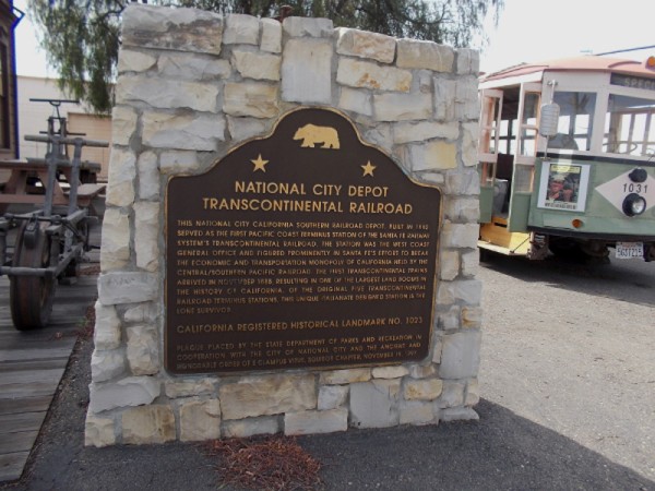 Plaque in front of National City Depot, the West Coast station of Santa Fe's transcontinental railroad. California Registered Historical Landmark No. 1023.